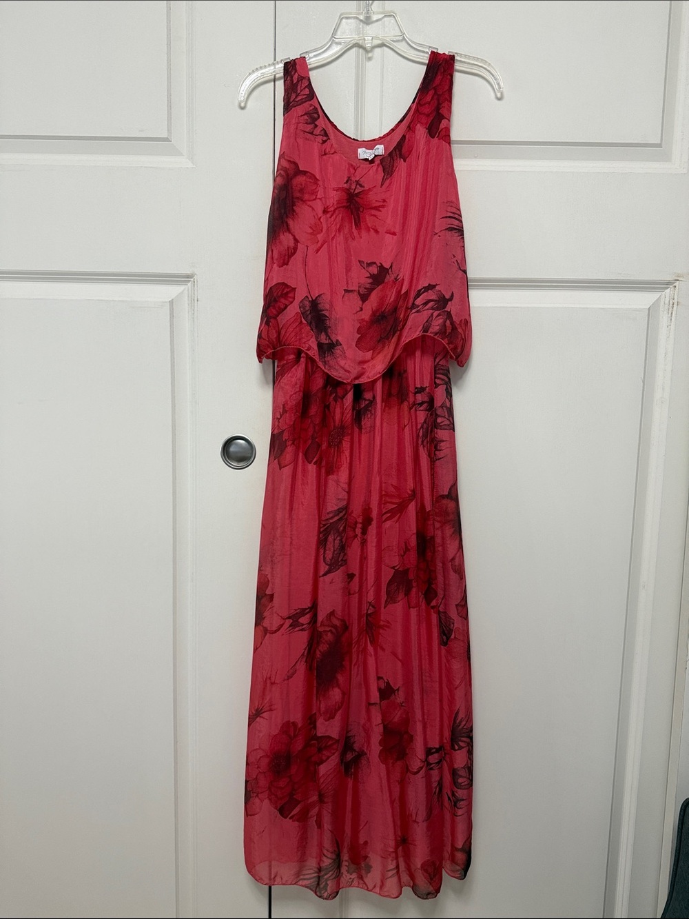 Sleeveless Red Floral Maxi Dress with Layered Bodice